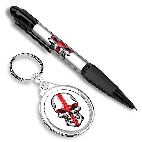 Black Ink Ballpoint Pen & Round Keyring St George's Flag Skull England Matching Set