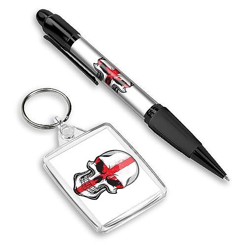 Black Ink Ballpoint Pen & Rectangle Keyring St Georges Flag Skull England Matching Set