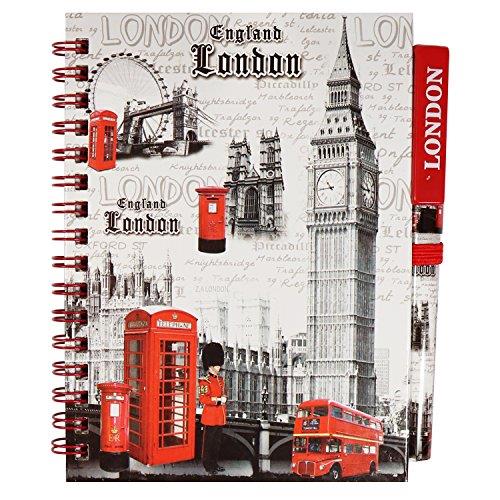 A6 Souvenir London England Tourist Landmarks Notebook & Pen Set – Big Ben Design Wire-Bound Notepad with Grey Big Ben Pen