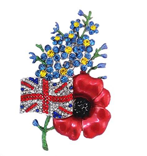 Jewellery Large Forget Me Not UK Flag Brooch – Symbolic Red Poppy with Diamante Crystal Pin