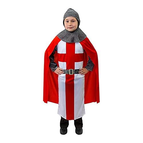 Childs Knight Costume - Large - Boys and Girls Medieval Fancy Dress - St Georges Cross Tunic, Red Cape, Coif - Lionheart King Arthur Costume