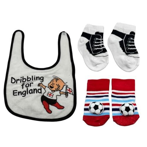 Baby Bib and Socks 2 Pairs - Babies England Football Supporter - St George Fancy Dress, Dribble Bibs, Washable Baby Clothes