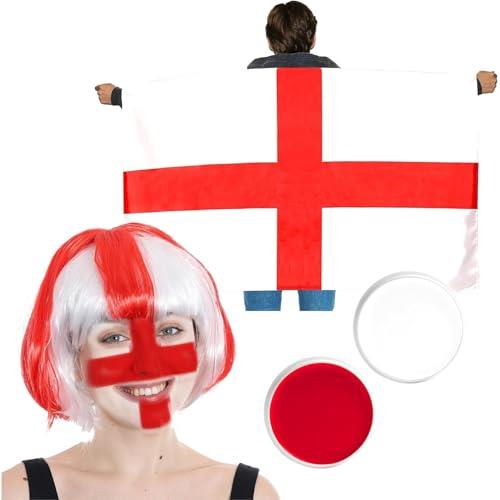 Sports Supporter Accessories – Large England Flag Cape, St. George's Cross Flag Bob Wig, and Red and White Face Paint – Adults English Football Fan Accessory Set (One Size)