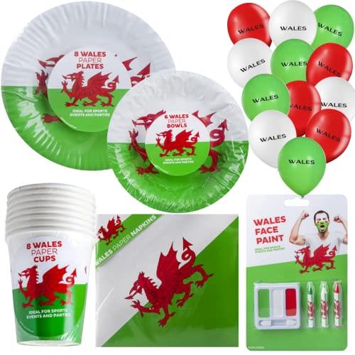 47Pcs Welsh Tableware Set - Disposable Paper Plates, Bowl, Cups, Napkin, Balloons, Face Paint - Wales Rugby, Six Nations Decorations, St Davids Day