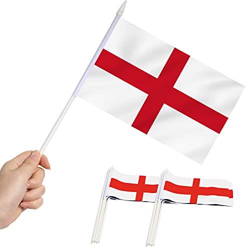 England Mini Flag 12-Pack – Hand-Held Small Miniature English Flags on Stick – Fade Resistant, Vivid Colors – 5x8 Inch with Solid Pole and Spear Top