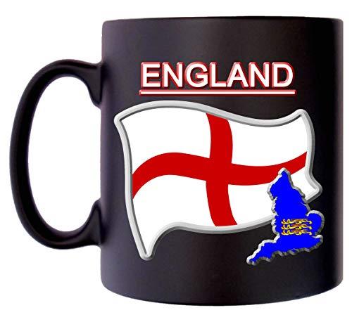 England Flag Map Mug – Black Satin Coat of Arms Coffee & Tea Cup – 10oz – St. George Crest Design