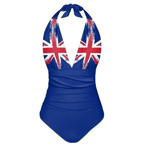 Union Jack Flag One Piece Swimsuit for Women – Sexy V Neck, Tummy Control