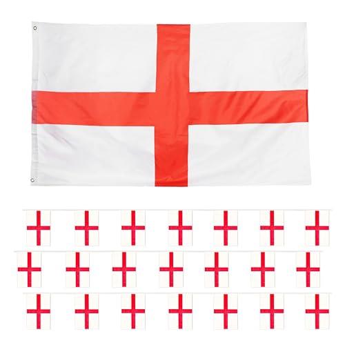 England Flag Bunting and Flag Set - English - All Weather Bunting Approx 10m 30ft - 20 Flag - Large Flag with Grommets Approx 5ft x 3ft - Football, Rugby Events - Parties - Sporting Events