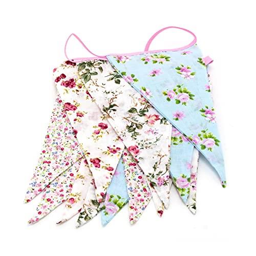 3m Ditzy Floral Fabric Bunting Double Sided Flags | 12 Pennant Cotton Bunting Garland Banner Party Bunting | Shabby Chic English Country Garden Vintage Style Floral Bunting Decoration