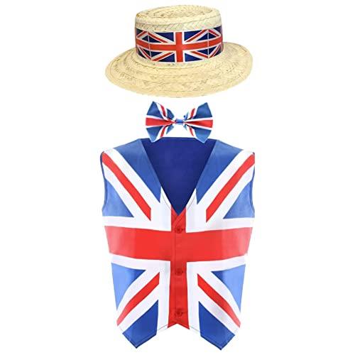 Adults Union Jack Costume - Small - Union Jack Waistcoat + Union Jack Bowtie and Straw Boater Hat with Union Jack Band - King's Coronation Fancy Dress Costume