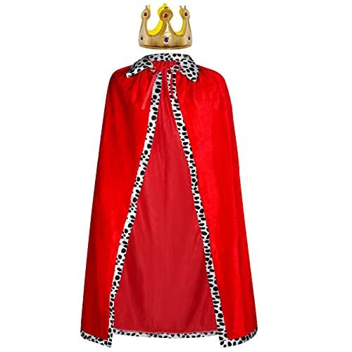 jerbro King's Robe Queen Coat Velvet Coat Costume + Crown King Queen for Women Men Halloween Adults Theme Party Theatre Fancy Dress Cosplay Carnival Fancy Dress Accessories (Red, 49.2in/125cm)