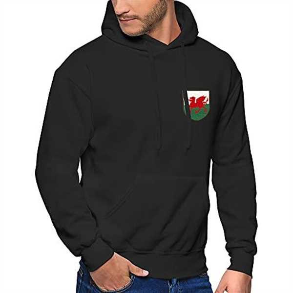 Wale Hoodie for Men Hooded Sweatshirt Embroidered Badge Crest Flag and Welsh Dragon, XL, Black