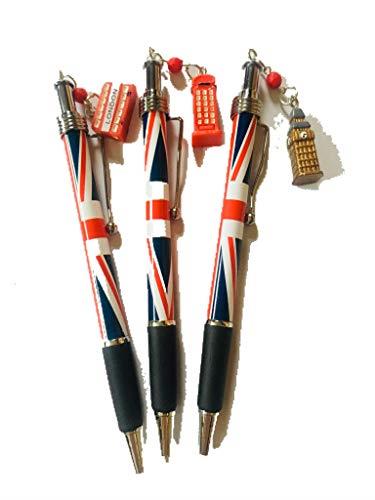 A set of 3 Iconic London Charm Pens with Silver Clasp and Union Jack Barrell