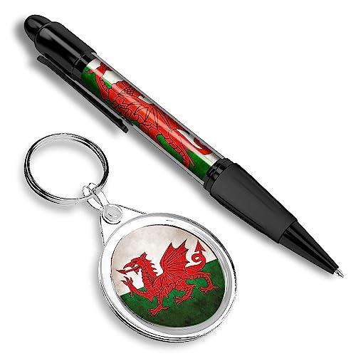 Distressed Wales Welsh Dragon Flag Matching Set – Black Ink Ballpoint Pen & Round Keyring