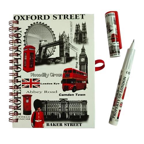 Famous London Icons A6 Notebook Notepad & Pen - Wire-bound Notepad - British Souvenirs Stationery Memo Book - England Souvenir Notebook & Pen Union Jack Gift Set