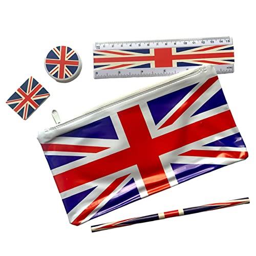 Souvenirs Union Jack London Pencil Case with Pencil, Sharpener, Ruler & Eraser Rubber - UK British School Set/UK Union Jack Themed School Kit