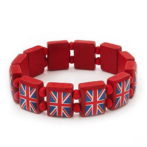 UK British Flag Union Jack Red Stretch Wooden Bracelet – Adjustable Up to 20cm Length