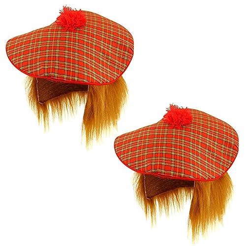 Lizzy 2 x Scottish Tam O'Shanter Wig Hat | Red Tartan Hair Cape plus Scottish Flag Tattoos | Fancy Dress Accessory Scotland Sport Supporter Cap