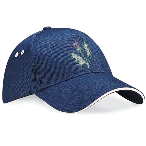 Purple Print House Scotland Thistle Badge Embroidery Cap Scottish Supporters Unisex Football Rugby Fans Hat, One Size, Navy/White