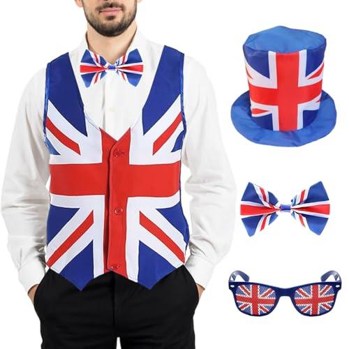 4 Pcs Union Jack Waistcoat Bowtie Hat Glasses,Union Jack T Shirt,Waistcoat with Union Jack Print Britain Fancy Dress (M)