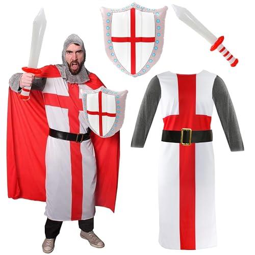 Adults Knight Costume & Inflatable Sword & Shield - Large - Tunic With Black Belt, Red Cape, Chain Mail Headpiece and Inflatable Sword and Shield - Perfect for Sporting Events, English Celebrations