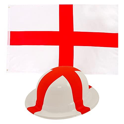 England Sports Supporters Set – 5ft x 3ft St. George's Cross Flag + White and Red English Flag Plastic Bowler Hat – Adults Football Fans Fancy Dress Accessory Kit