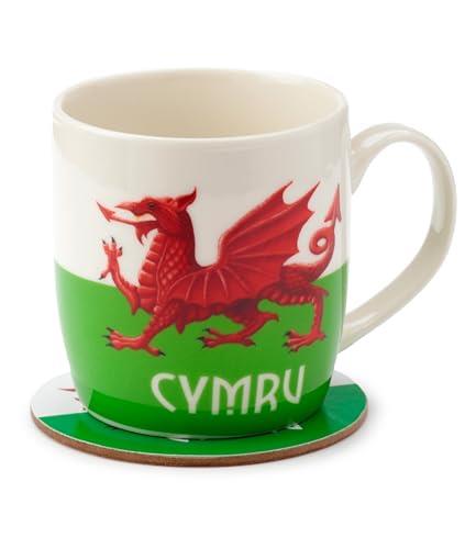 Wales Welsh Dragon Cymru Porcelain Tea & Coffee Mug with Coaster Set – Funny Home Accessories – Ideal Gifts for Girlfriend, Men & Women – Large Mugs for Hot Drinks