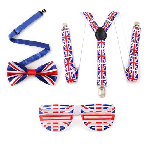 Union Jack Novelty Red White Blue Bow Tie Braces Glasses for Men Women Kids with Union Jack Sunglasses