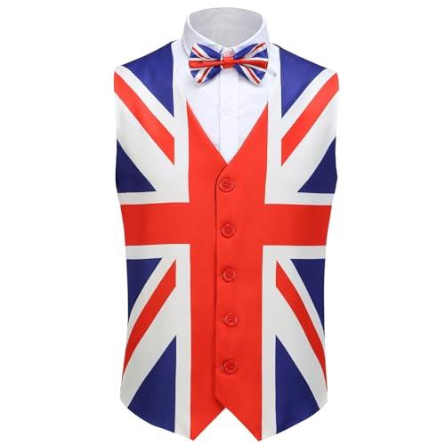 Union Jack Men's Waistcoat with Bow Tie Sleeveless Vest Suit for King's Coronation, St George's Day