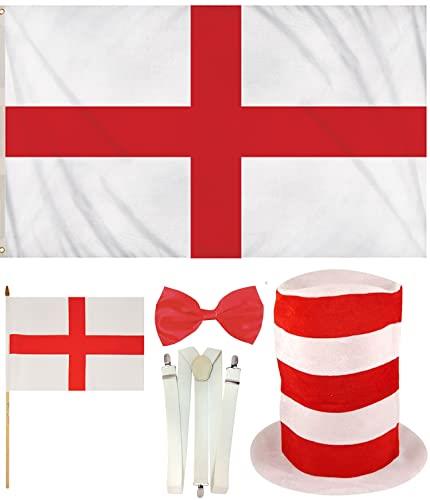 St George's Cross England Flag Handheld Flag Tall Hat Braces Bow Tie England Supporter Set