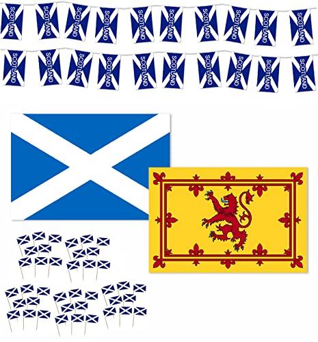 Scotland/Scottish/Burns Night Party Set: 12m of Flag Bunting + 5ft x 3ft St Andrews & Rampant Lion Flags + 100 Cocktail Sticks