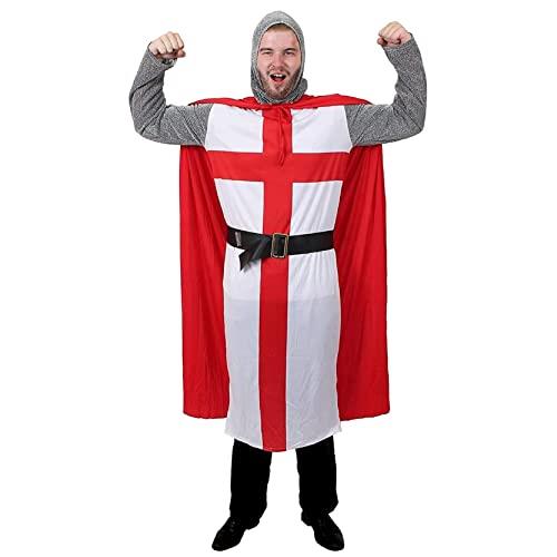 I LOVE FANCY DRESS Adults Knight Costume - Large - English Flag Tunic With Black Belt, Red Cape, Chain Mail Armour Headpiece - Perfect for Sporting Events, English Celebrations