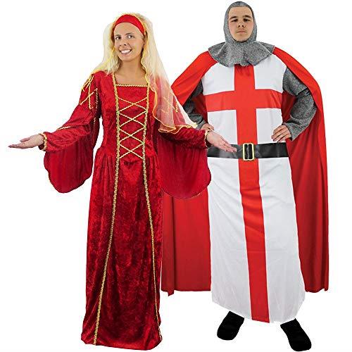 MEN & LADIES MEDIEVAL KNIGHT & QUEEN COUPLES FANCY DRESS COSTUMES - RENAISSANCE TUDOR QUEEN DRESS + ST. GEORGES ENGLISH ROYAL KNIGHT WARRIOR - COUPLES COSTUMES BY ILOVEFANCYDRESS® (MEN: LARGE + LADIES STANDARD)